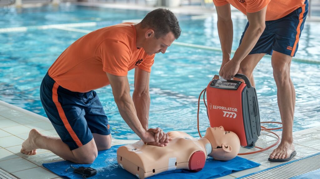 Socorristas aplicando maniobras de RCP y desfibrilación ventricular en piscina.