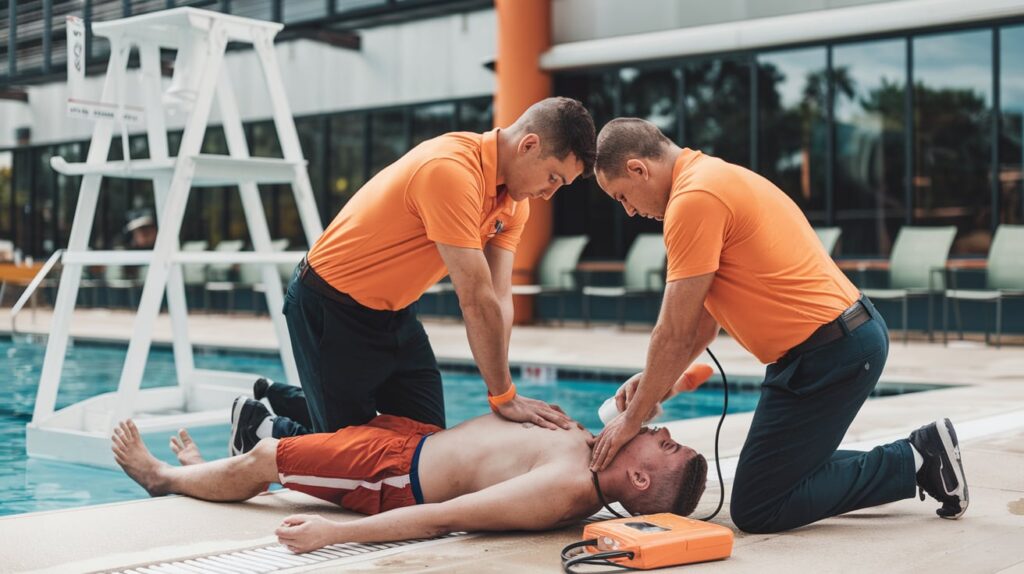 Socorristas realizando maniobras de emergencia y desfibrilación ventricular en piscina.