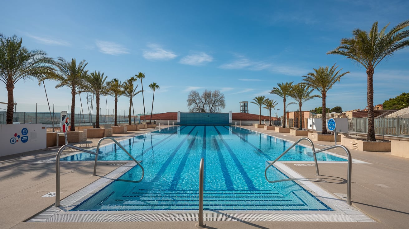 Piscina con vistas al mar al atardecer, cumpliendo con la normativa piscinas climas cálidos.