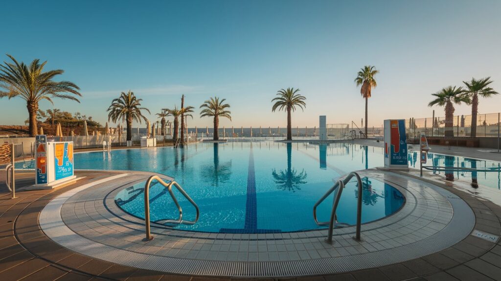 Piscina olímpica rodeada de palmeras, adaptada a la normativa piscinas climas cálidos.