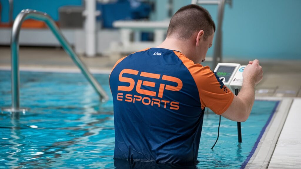 Técnico realizando control de calidad del agua como parte de los protocolos de supervisión en piscinas privadas.