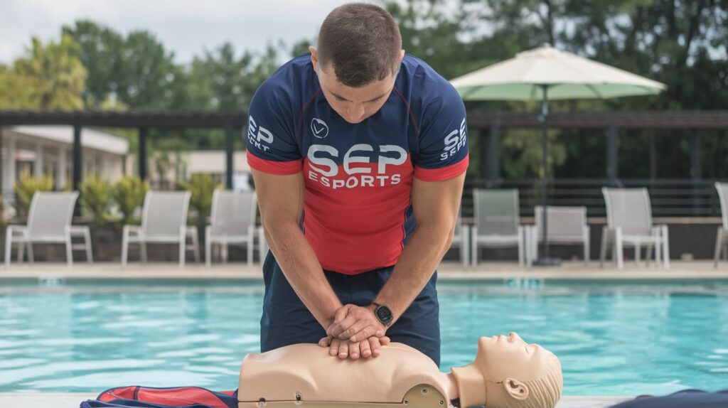 Socorrista entrenando técnicas de RCP en un maniquí junto a la piscina.