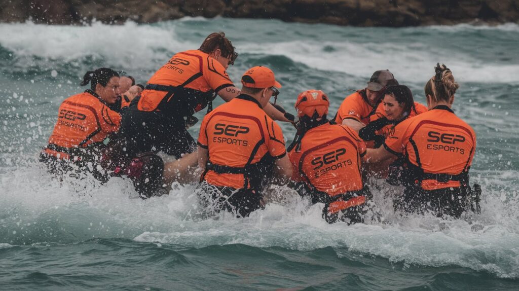 Coordinación de equipo en rescate aguas turbulentas para una respuesta efectiva.