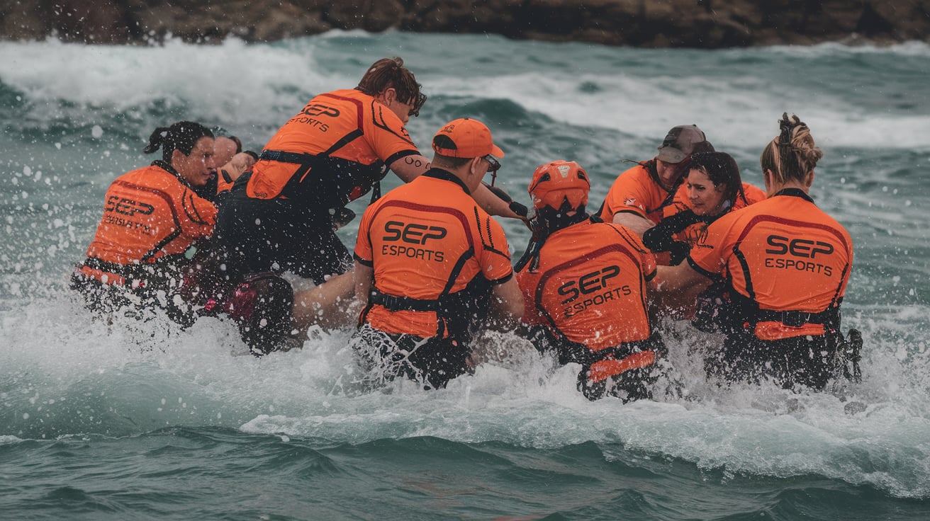 Coordinación de equipo en rescate aguas turbulentas para una respuesta efectiva.