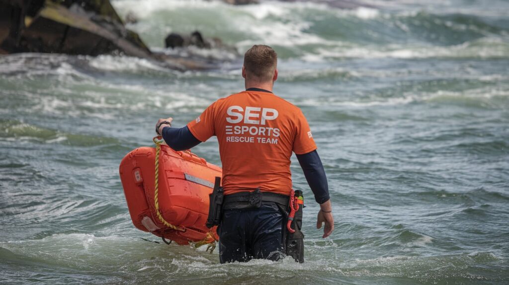 Socorrista ejecutando maniobras de rescate aguas turbulentas en situación de emergencia.