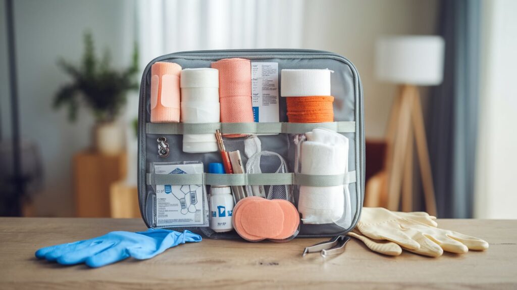 Kit de primeros auxilios con vendajes, guantes y material médico.